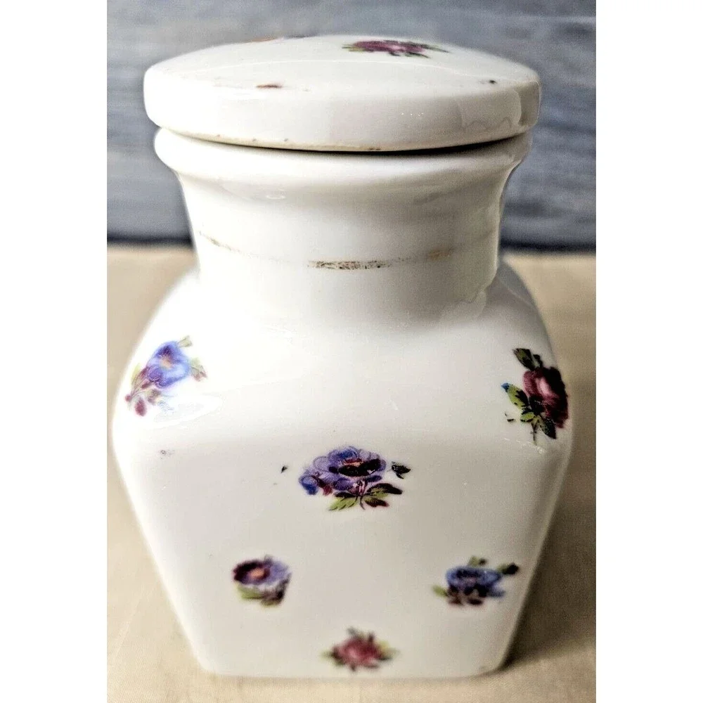 Vintage Vanity 8 Oz Porcelain Jar Colorful Floral on White w/ Lid (read)